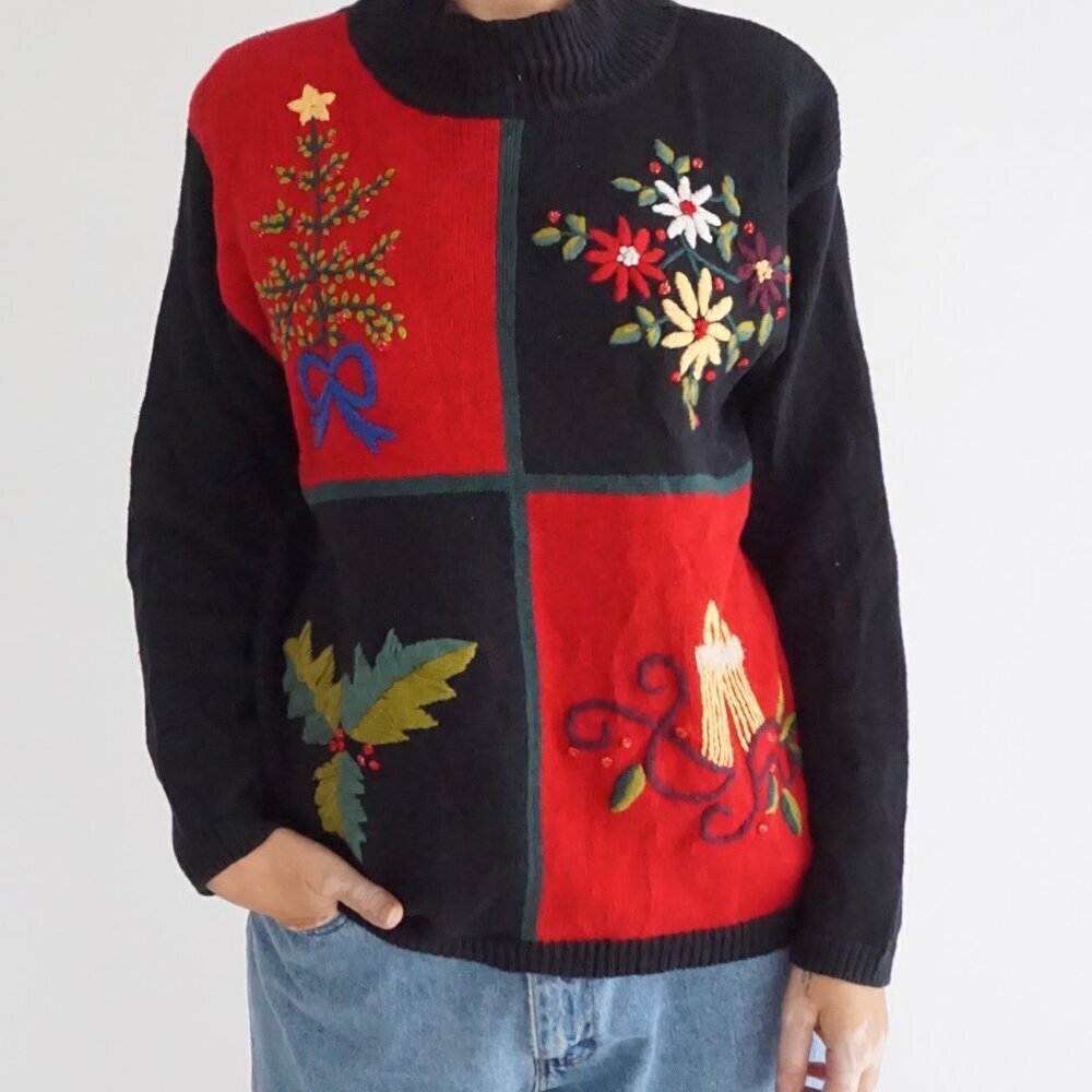 Vintage Dress Barn Black Floral Candle Patchwork Sweater Cotton Blend M